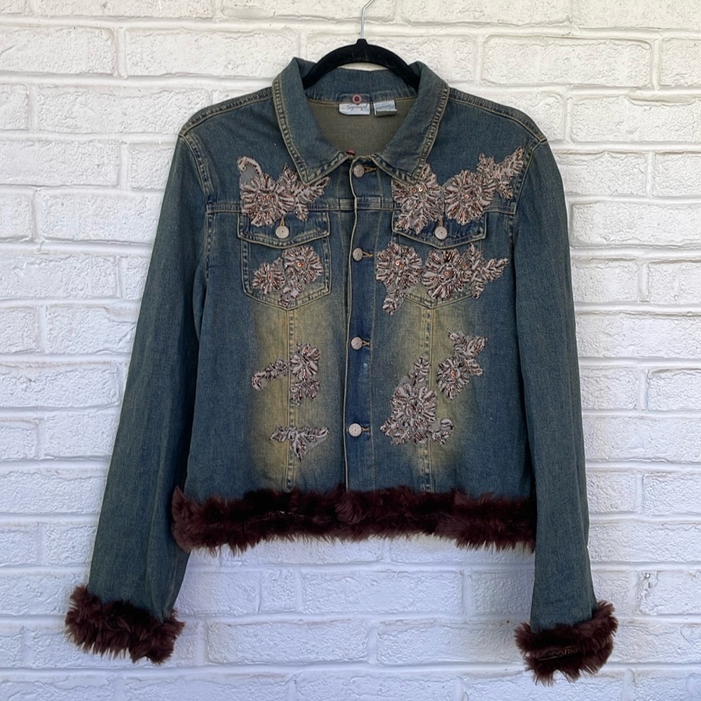 Vintage Spiegel Embroidered  Denim Jacket with Faux Fur Collar and Cuffs
